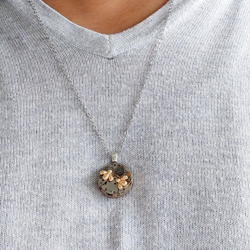 Timepiece Pendant With 2 Tiny Golden Bees Mini