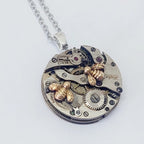 Timepiece Pendant With 2 Tiny Golden Bees small