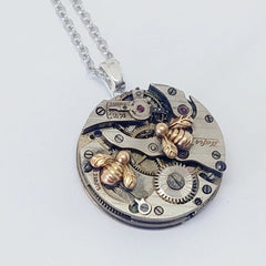 Timepiece Pendant With 2 Tiny Golden Bees small
