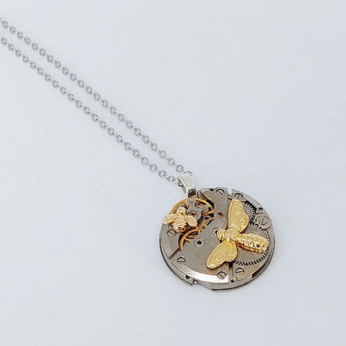 Timepiece Pendant with Mother and Baby Bee