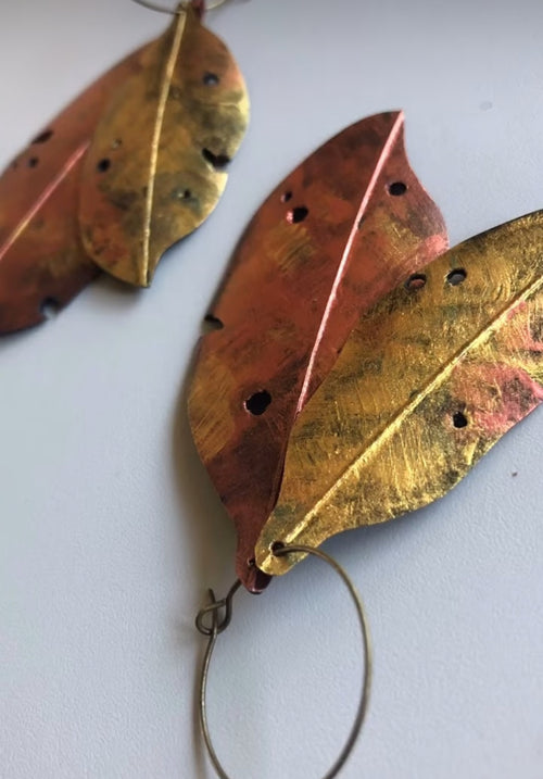 Upcycled Feather Earrings - Double Pohukawa leaf