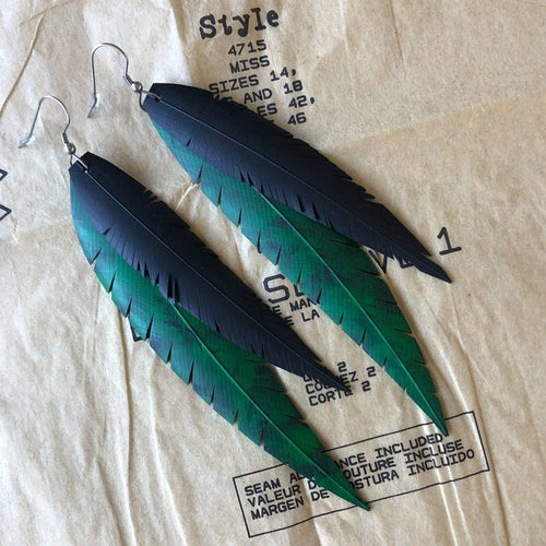 Upcycled Feather Earrings - Pounamu Double Feather