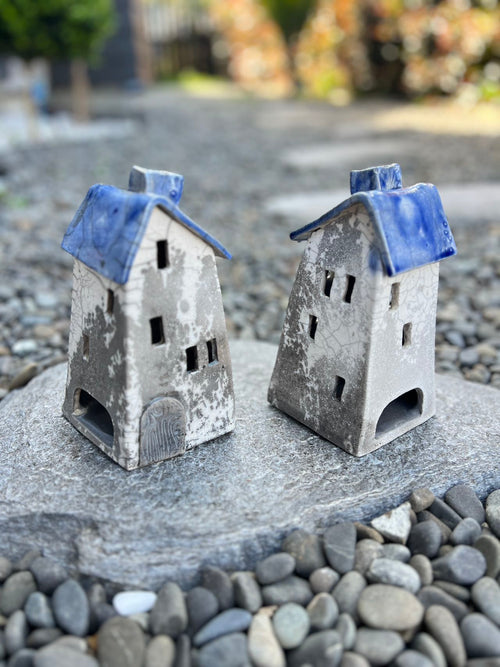 Tealight House - Ceramic Raku House Navy