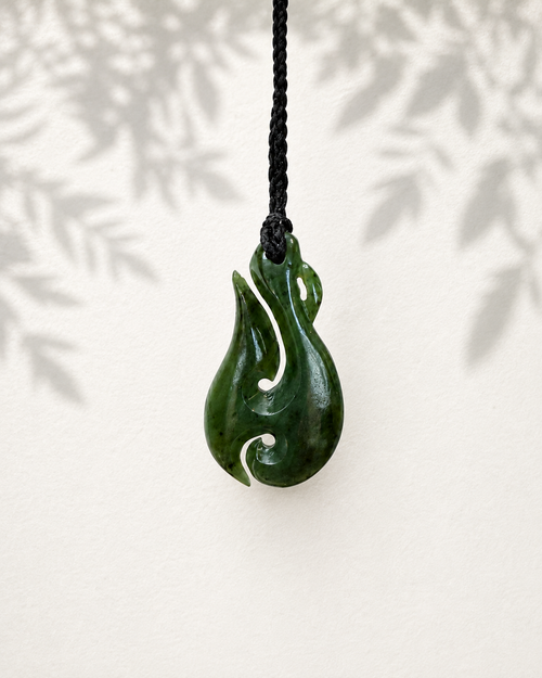 NZ Greenstone / Pounamu Pendant Fish Hook Koru 50mm