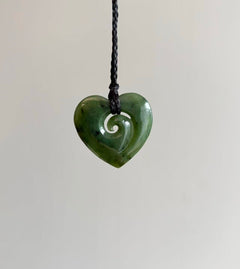 NZ Greenstone / Pounamu Pendant Heart with Koru 40mm