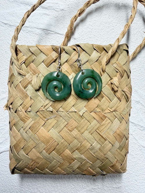 NZ Greenstone / Pounamu Earrings Open Koru 20mm