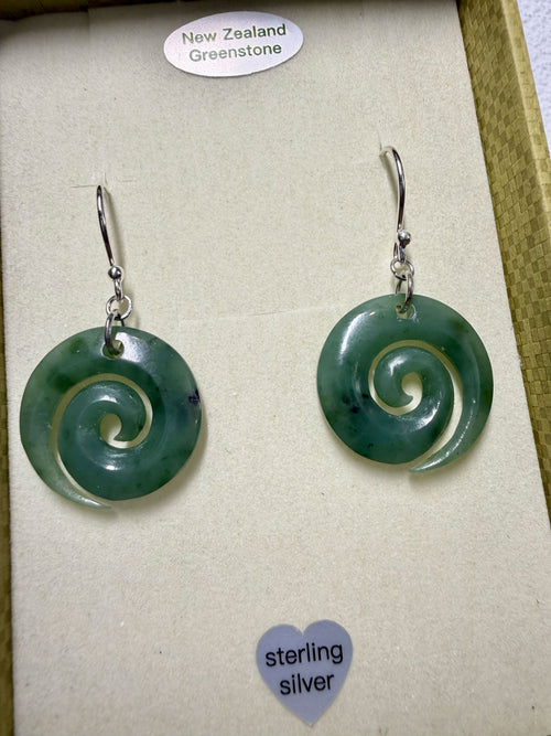 NZ Greenstone / Pounamu Earrings Open Koru 20mm