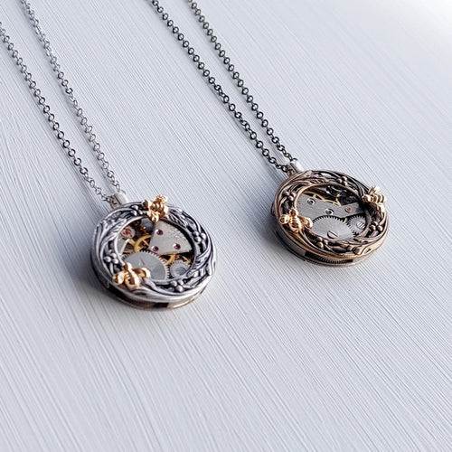 rries and Vines Wreath Pendant with Bee Brass orSilver