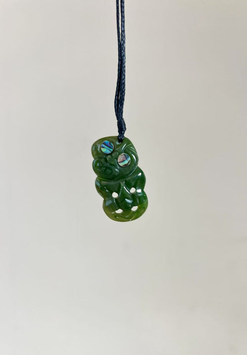 Greenstone / Pounamu Pendant - Hei Tiki W Paua Eyes 