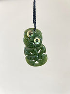 Greenstone / Pounamu Pendant - Hei Tiki W Paua Eyes