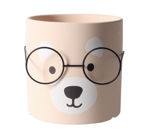 Cute Bear Face with Glasses Planter - Champagne pink