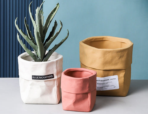 Ceramic Paper Bag Shaped Planter - Champagne Pink