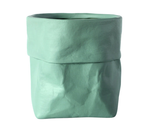 Ceramic Paper Bag Shaped Planter - Sea Green
