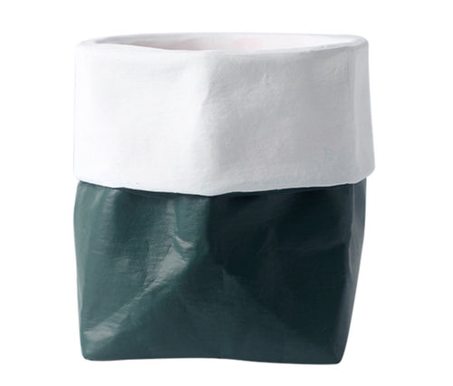 Ceramic Paper Bag Shaped Planter - Dark Green/White