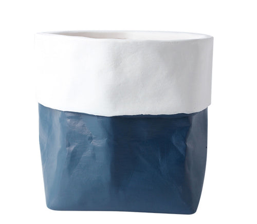 Ceramic Paper Bag Shaped Planter - Navy/White