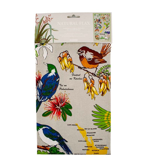 Linen Cotton Tea Towel - Tui Natural Flax Birds
