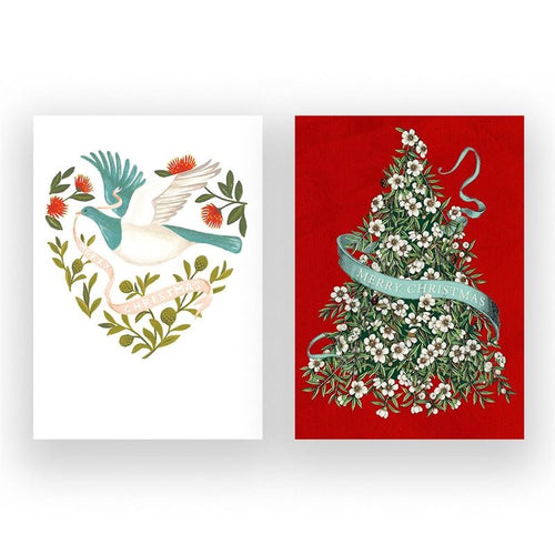 Christmas notecard - Kereru & Manuka Tree 8 Pkt