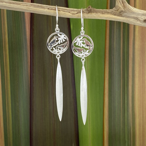 Sterling Silver Earrings - 2 Tui in a Circle with Harakeke (Flax) Drop