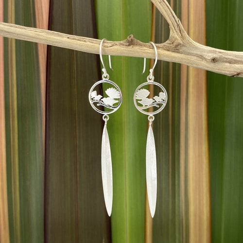 Sterling Silver Earrings - Two Piwakawaka (Fantail) in a Circle with Harakeke (Flax) Drop