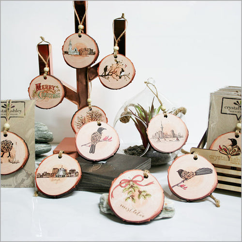 Wood Slice Hanging Ornament - Birds on Tree