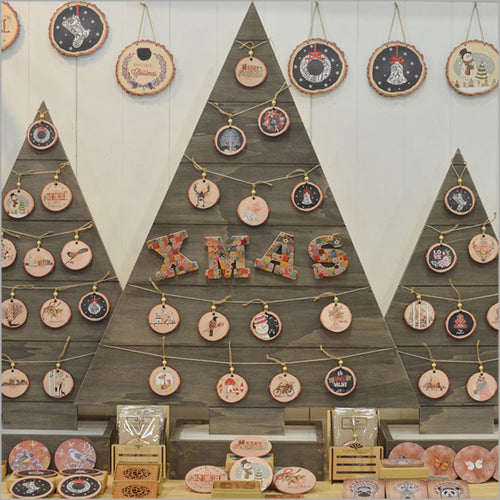 Wood Slice Hanging Ornament - Birds on Tree