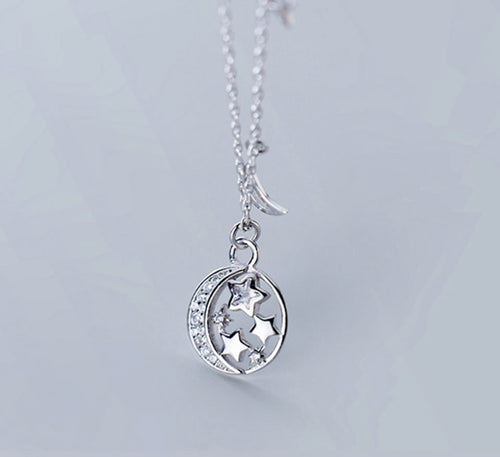 Sterling Silver Necklace - Geometric Moon Star