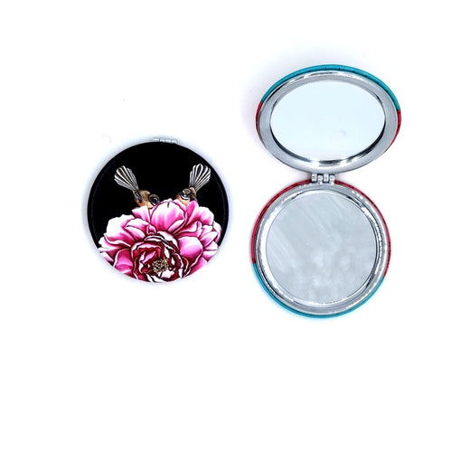 Compact Mirror - Fantail and Pink Flower