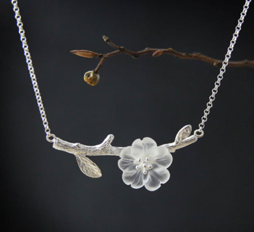 Manuka Flower Branch Necklace - Sterling Silver & Natural Crystal