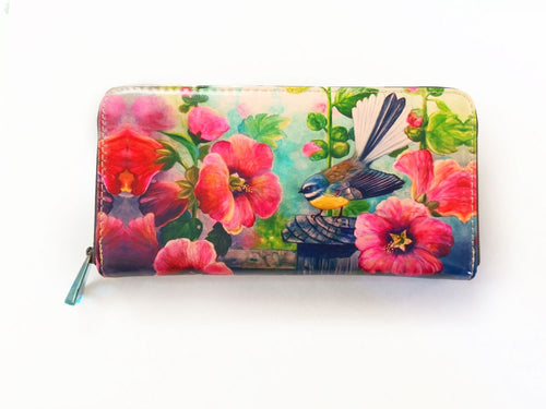 Fantail Hollyhocks Leather Long Wallet