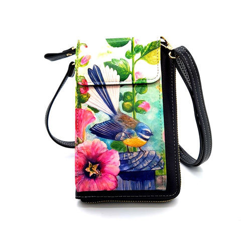 New Leather Cell Phone Bag - Fantail Hollyhocks