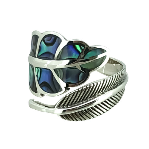 Sterling Silver Ring - Paua wrap Leaf & Fern