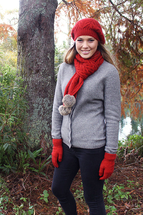 Merino Cable Scarf with Fur Pompom