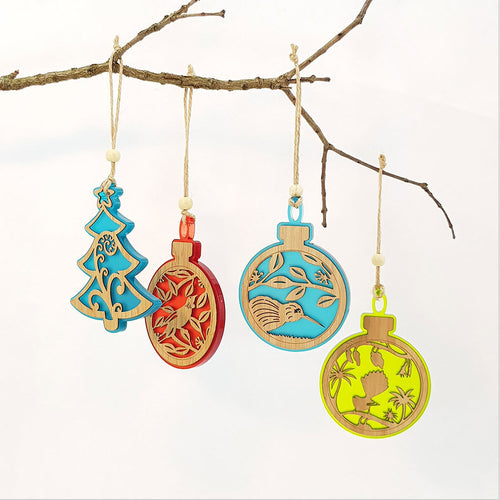 Bauble Hanging Ornaments - Tui on Pohutukawa Teal Satin Acrylic