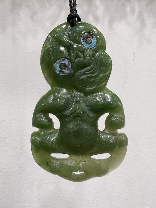 Greenstone / Pounamu Pendant w Paua Eyes - Tiki