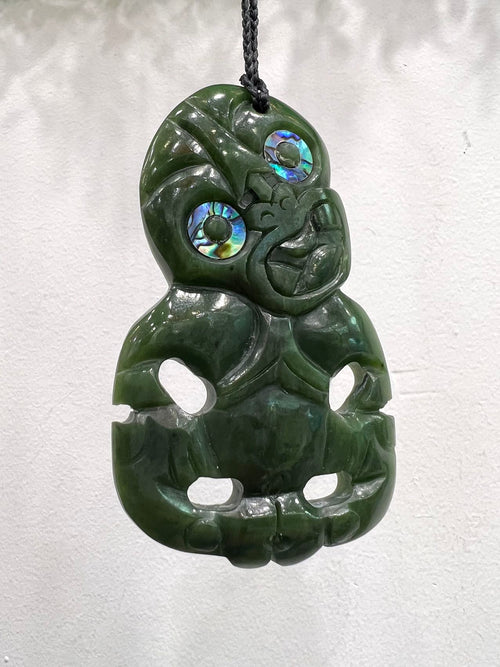 Greenstone / Pounamu Pendant w Paua Eyes - Tiki