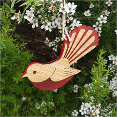 Hanging Ornament - Fantail (Bamboo+Red Satin Acrylic)