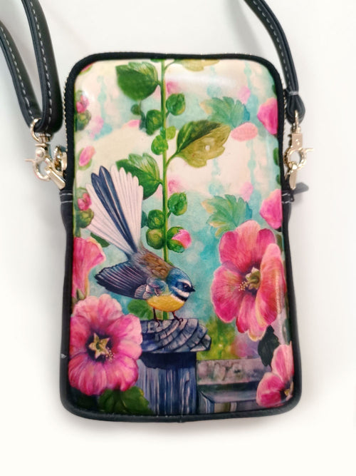 Leather Cell Phone Bag - Fantail Hollyhocks