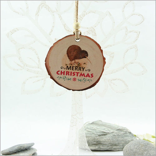 Wood Slice Hanging Ornament - Kiwi with Xmas