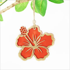 Hanging Ornaments Hibiscus - Bamboo + Red Satin Acrylic