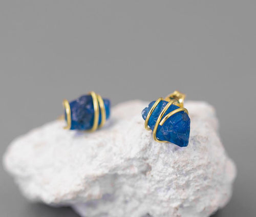 Sterling Silver Earrings - Gold & Natural Blue Apatite Stone
