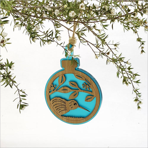 Bauble Hanging Ornaments - Kiwi on Pohutukawa Teal Satin Acrylic