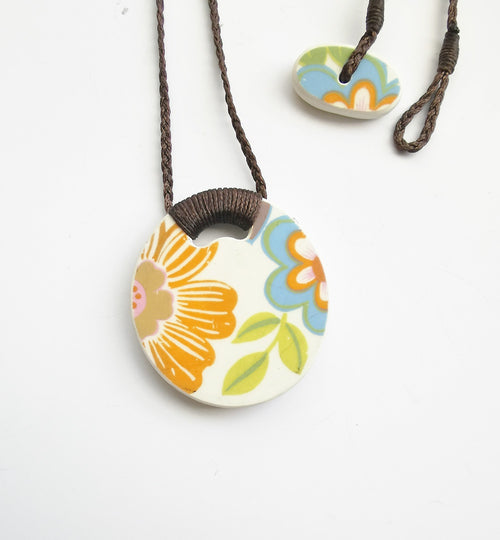 Recycled China Pendant – Orange Blue Floral