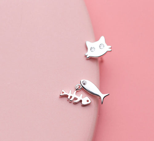 Sterling Silver Earrings - Cat & Fish