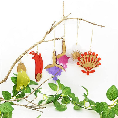 Hanging Ornaments Pohutukawa -Bamboo + Red Satin Acrylic