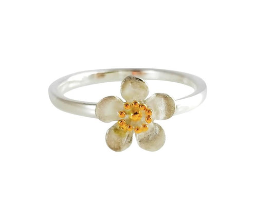 Sterling Silver Ring - NZ Manuka Flower with Gold Plate